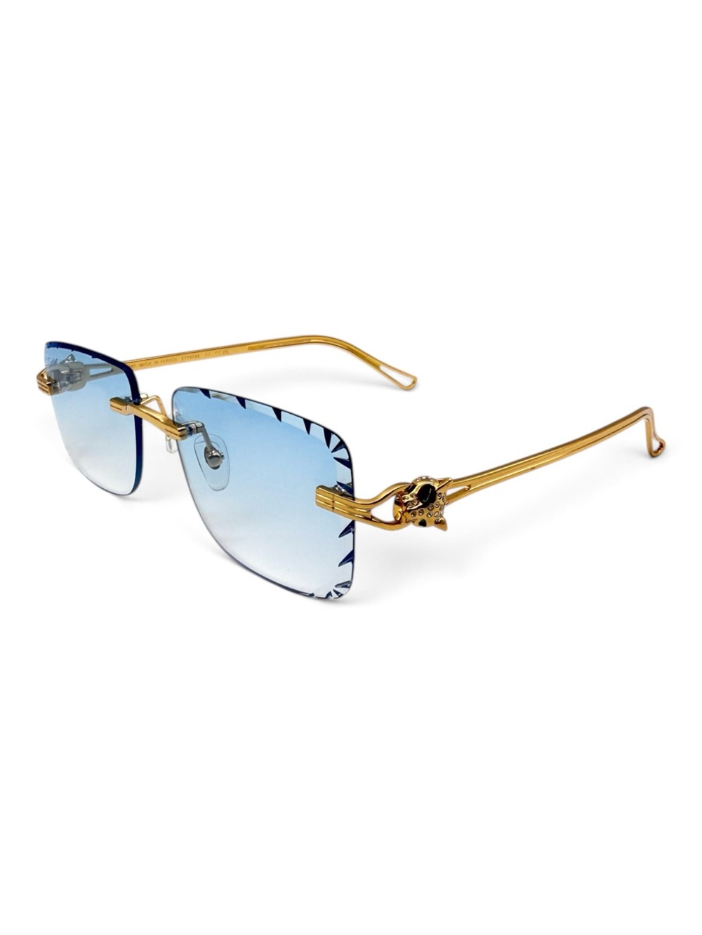 Cartier Gold Frame Blue Gradient Rimless Sunglasses with Decorative Temples